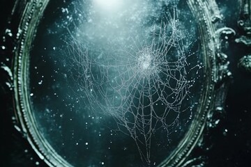 spider web at glass mirror