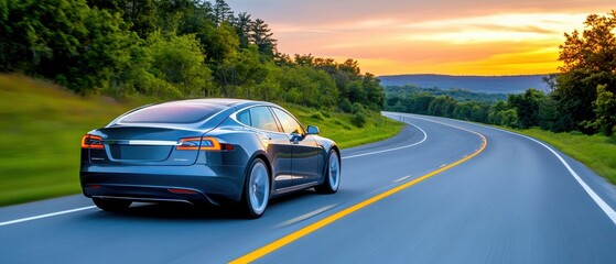 Fototapeta premium Luxury Car Driving On Winding Road At Sunset