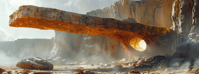 habitable structure integrated into canyon rock, in Saudi desert dusty atmo real photo part of a gallery exposition.