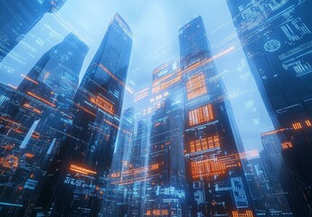 A high tech urban environment with streamlined skyscrapers, transparent data overlays, and digital displays creating a futuristic and clean design