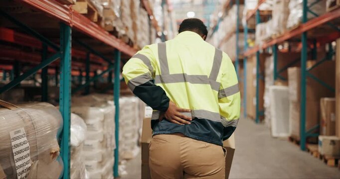 Logistics, boxes and man in warehouse with back pain, injury or accident on site for cargo inventory. Pallet truck, stock and freight operator with spinal osteoarthritis or muscle sprain in factory.