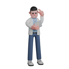 Male Doctor in 3D. Confused Male Doctor Reading Medical Records. Cartoon Illustration