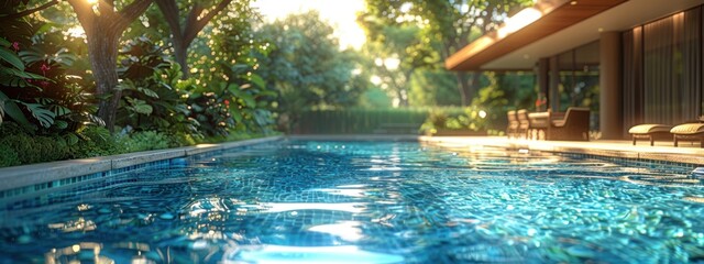 Illustrate various pool alarms including a floating surface alarm, a submerged motion sensor, and a gate alarm, displayed around a serene backyard pool setting.