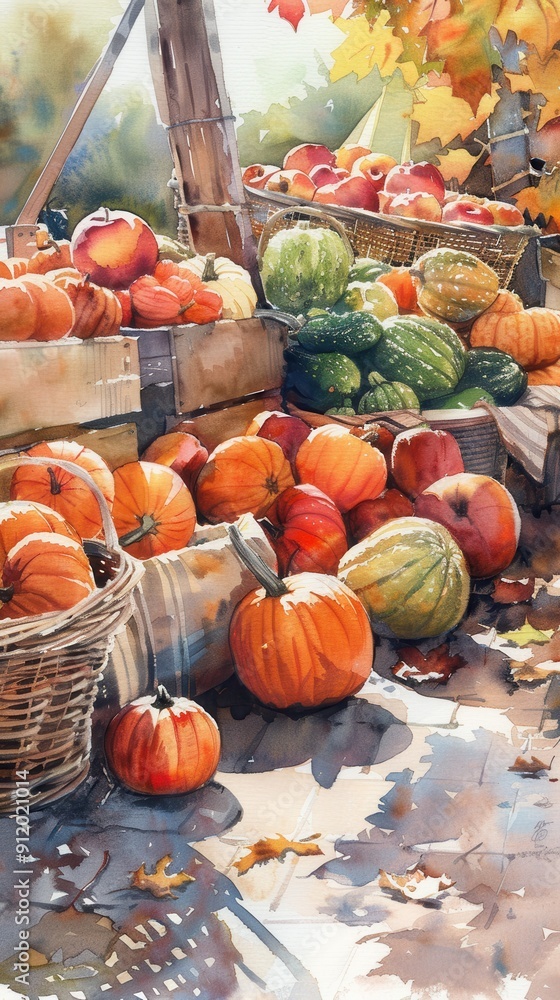 Poster a watercolor painting depicts a bountiful fall harvest display. pumpkins of varying sizes and colors