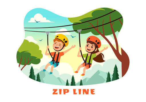Zip Line Vector Illustration with Visitors Walking on an Obstacle Course and Outdoor Rope Adventure Park in a Forest on Flat Kids Cartoon Background