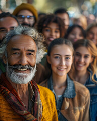 People of many nationalities standing together smiling conveys the that ethnic diversity can live together peacefully, making the world bright and beautiful, just like the color tones of the picture.