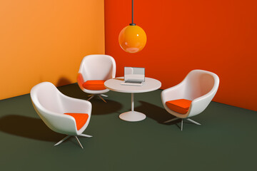 Modern interior with three chairs and laptop