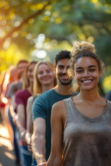 Fototapeta premium People of many nationalities standing together smiling conveys the that ethnic diversity can live together peacefully, making the world bright and beautiful, just like the color tones of the picture.