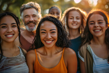 People of many nationalities standing together smiling conveys the that ethnic diversity can live together peacefully, making the world bright and beautiful, just like the color tones of the picture.