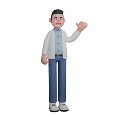 Professional Doctor Character. Male Doctor Smiling and Pointing With His Thumb Towards a Certain Direction. 3D Male Model