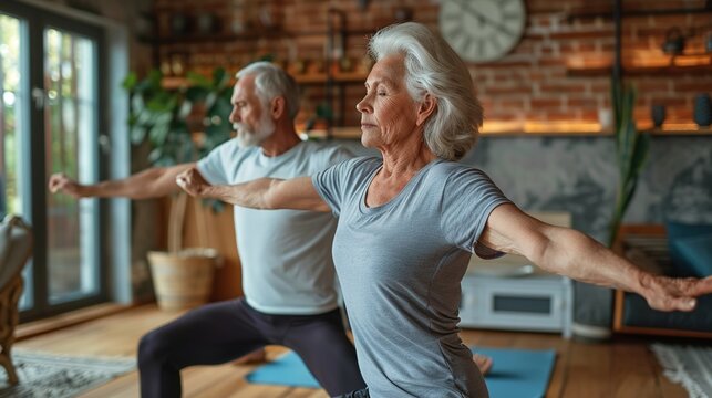 Senior Couple Practicing Yoga in a Living Room