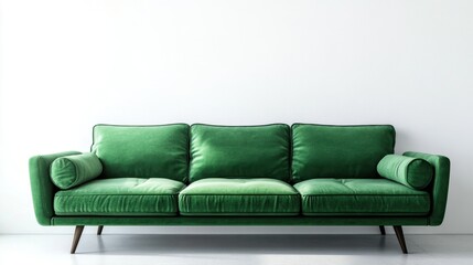 Modern interior with a green sofa against a white wall, creating a clean and inviting living room space.