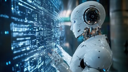 A humanoid robot interacts with a glowing digital display.