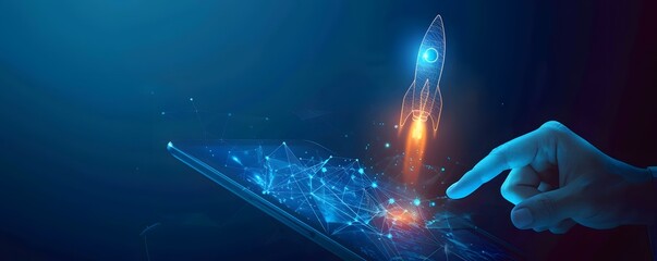A Hand Launching a Digital Rocket from a Tablet