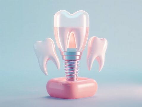 Holographic guide demonstrating mini alloy implant procedure, futuristic clinic, soft pastels, digital painting
