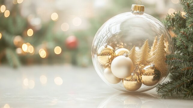 Empty glass Christmas ball with ornaments, ideal for festive product displays and seasonal promotions.