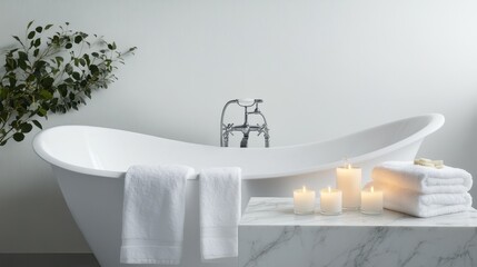 A minimalist white bathroom with a freestanding bathtub, fluffy towels, and aromatic candles on a sleek marble countertop, exuding a serene spa-like atmosphere