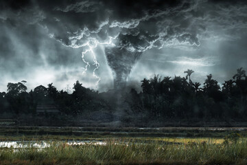 Big stormy and tornado with dark sky, thunderstorm background