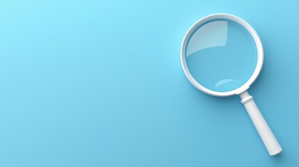 White magnifying glass on a blue background with ample copy space, rendered in 3D for clarity.