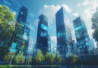 A modern urban skyline with towering skyscrapers, integrated digital displays, and transparent data overlays showcasing real-time information