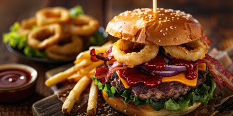 Gourmet burger with onion rings bacon and BBQ sauce served with crispy fries