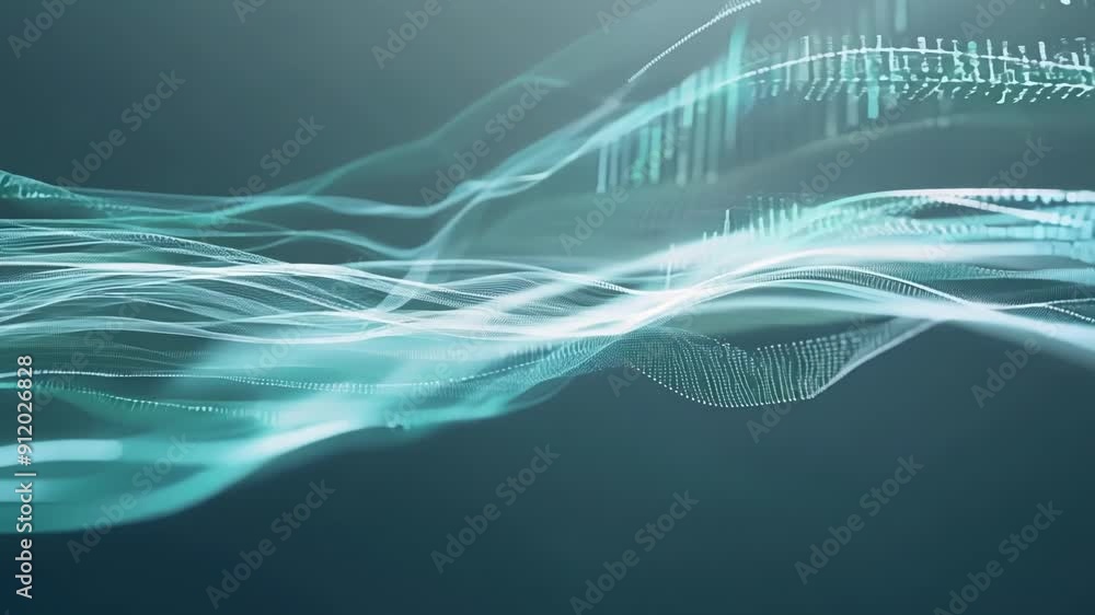 Poster dynamic abstract representation of waves and data patterns, creating a high-tech atmosphere with flu