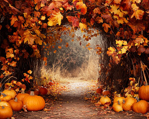 fall autumn archway in the woods surrounded by pumpkins for photo background backdrop