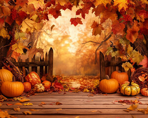 fall autumn vibes photo background backdrop with leaves and pumpkins and small wooden fence