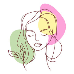 Beautiful Girl Face with Nature Leaves Plant for Natural Beauty Care in Line Art Style