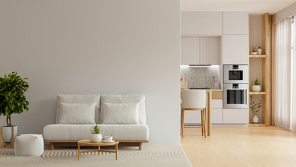 Modern living room seamlessly blends with the minimalist kitchen, creating an open and airy space...