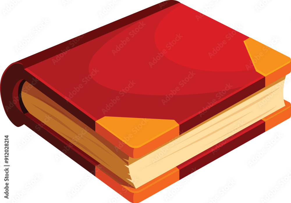 Poster red book with golden pages lying open on a white background
