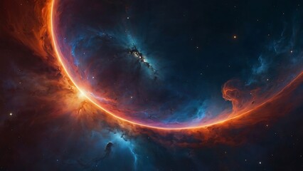 Digital artwork featuring a cosmic scene with a central crescent moon surrounded by a fiery,...