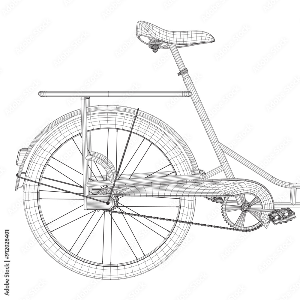 Poster vector illustration of the wireframe of the back of a bicycle from black lines isolated on a white b