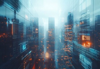 A sleek and minimal futuristic cityscape, with digital displays embedded in skyscrapers and transparent data overlays enhancing the high-tech ambiance