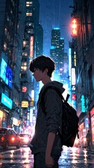 Obraz premium anime boy in city cartoon manga art illustration design background