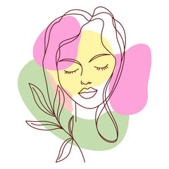 Beautiful Girl Face with Nature Leaves Plant for Natural Beauty Care in Line Art Style