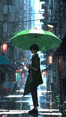 anime boy in green umbrella cartoon manga art illustration design background