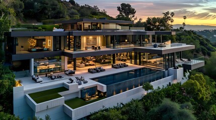Fototapeta premium Luxury Home Boasts Infinity Pool, City Views, and Lush Landscaping in the Hollywood Hills