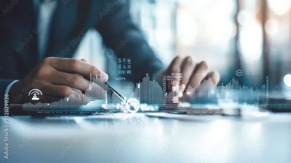 Poster a man is drawing a graph on a table with a pen