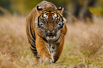 Obraz premium A fierce tiger prowls through the tall grass, its intense gaze locked on its prey. This powerful image captures the raw strength and majesty of this apex predator in the wild.
