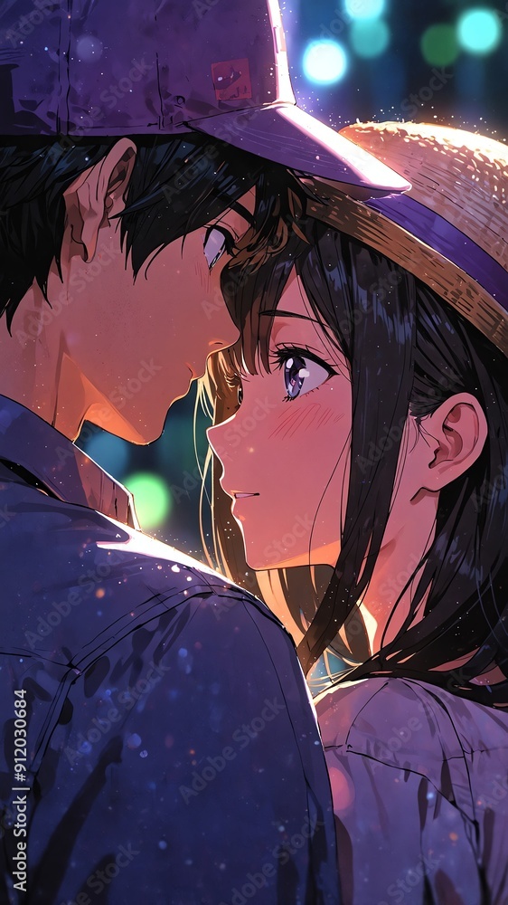 Poster anime couple in purple hat cartoon manga art illustration design background