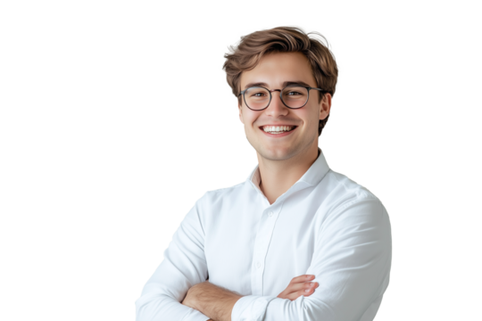 Young business executive smiling with arms crossed. Isolated on transparent background.