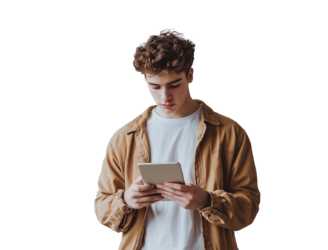 Young adult man using and looking down at tablet. Isolated on transparent background, copy space.