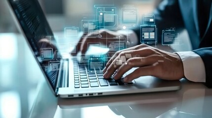 Fototapeta premium A man is typing on a laptop with a screen that has a lot of text and graphics