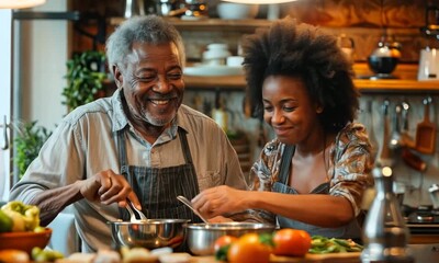 Elderly father and adult daughter cooking family dinner together in cozy kitchen and laughing and sharing family recipes. Juneteenth, Father's Day, Parents' Day