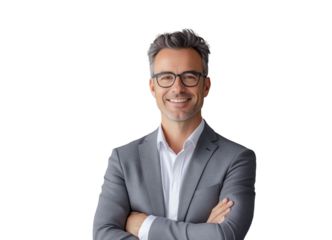 Senior gray hair businessman with eyeglasses and business suit. Isolated on transparent background.