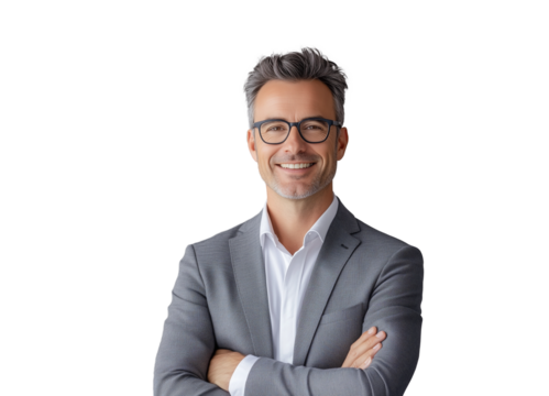 Senior gray hair businessman with eyeglasses and business suit. Isolated on transparent background.