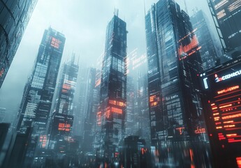 A futuristic cityscape featuring sleek skyscrapers with transparent data overlays and digital displays, creating a high tech, minimalistic aesthetic