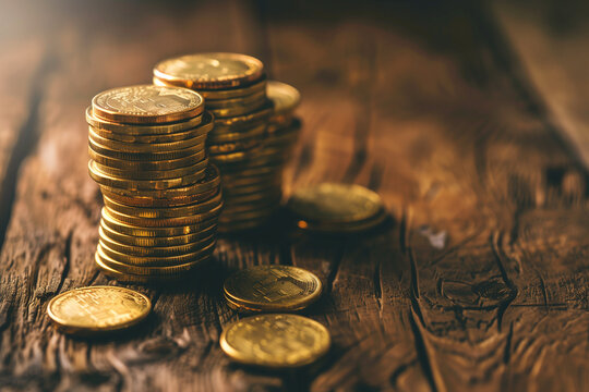  Stacks of gold coins on rustic wooden table symbolizing savings and investment
