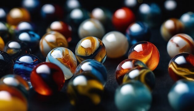 colorful shiny glass marbles on dark surface reflecting the light